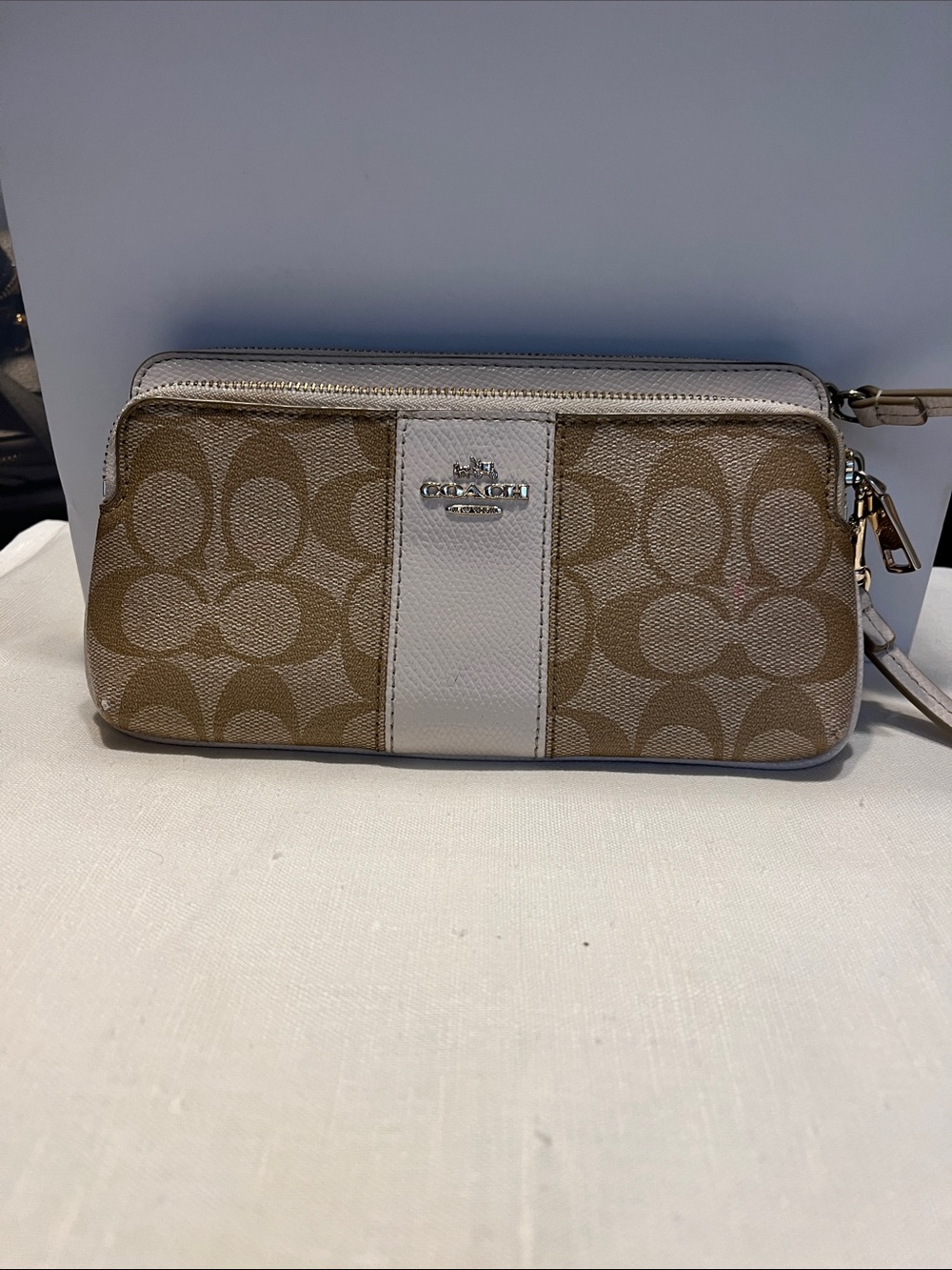 Coach Tan Signature Canvas Wristlet with Chalk Center Stripe